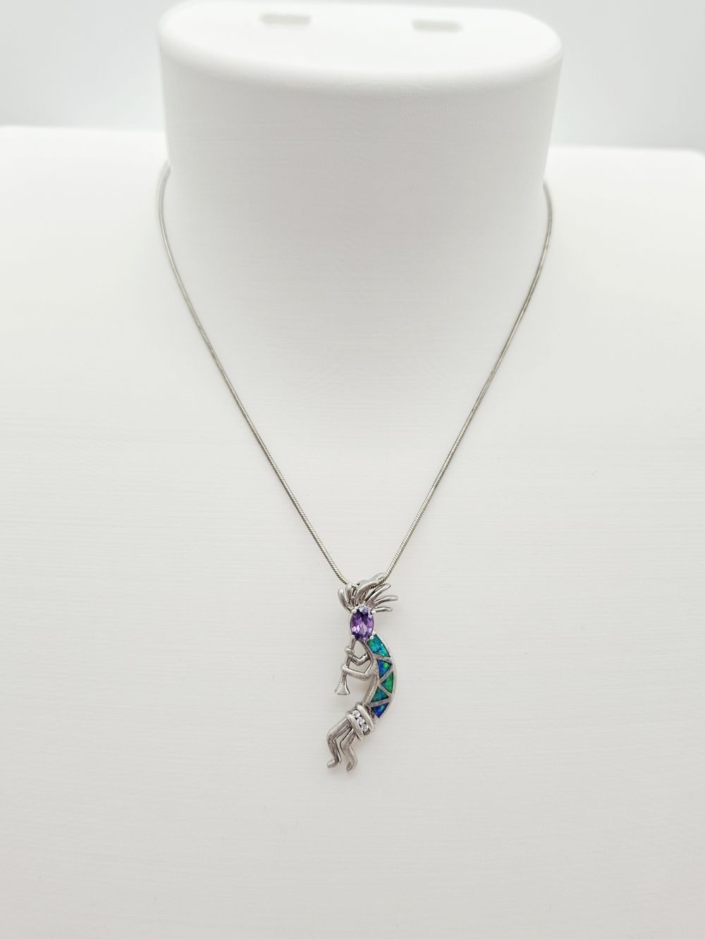 Sterling Silver Kokopelli Pendant Necklace w/ Amethyst Tanzanite, Fire Blue Opal
